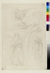 Rysunek Abrahama rozstającego się z aniołami z Historii Abrahama i Hagar Benozza Gozzoli w Camposanto, Piza, 14-15 maja 1845 (pióro i tusz na graficie na papierze tkanym)